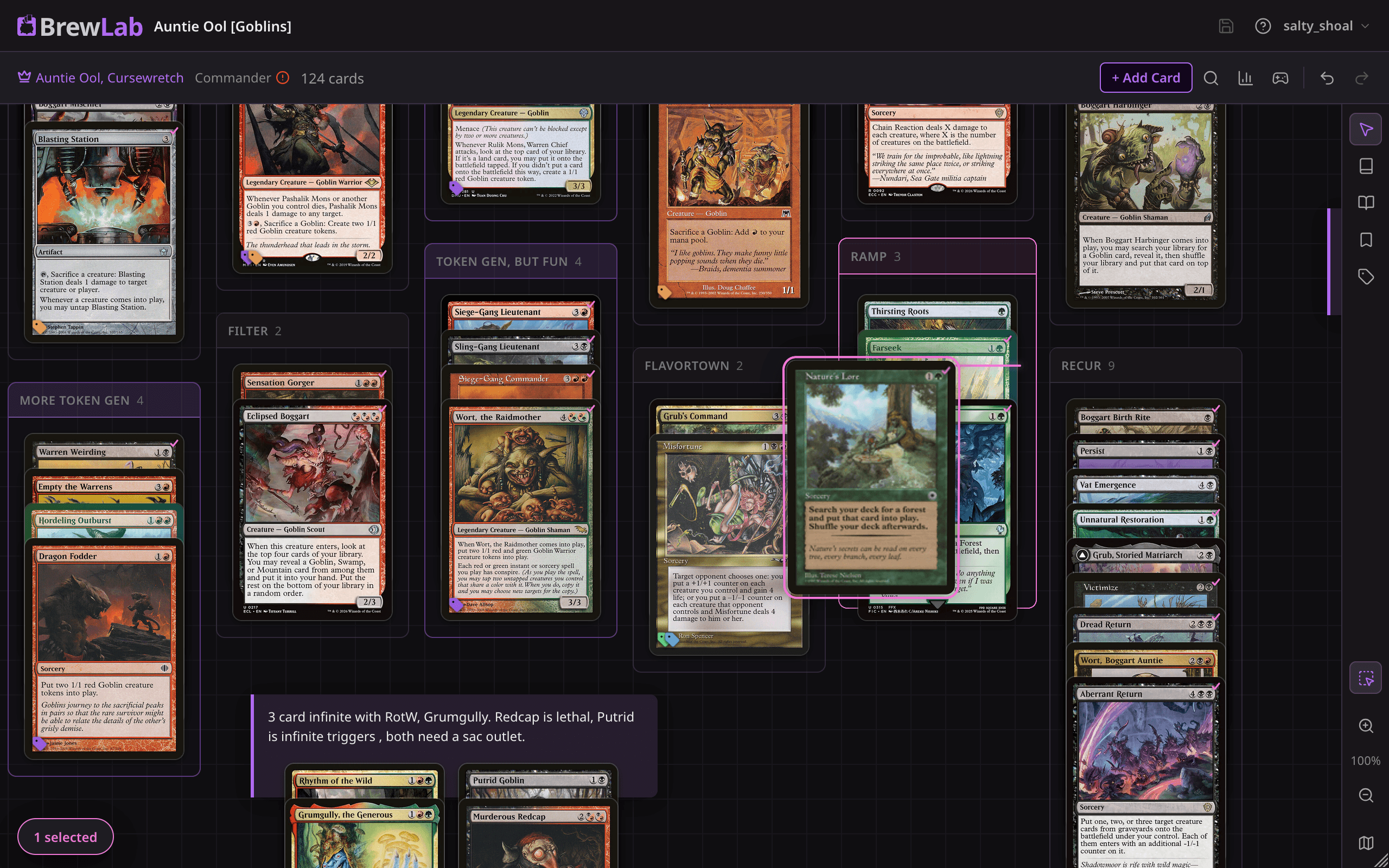 Deck editor canvas with a Commander deck grouped into tagged piles