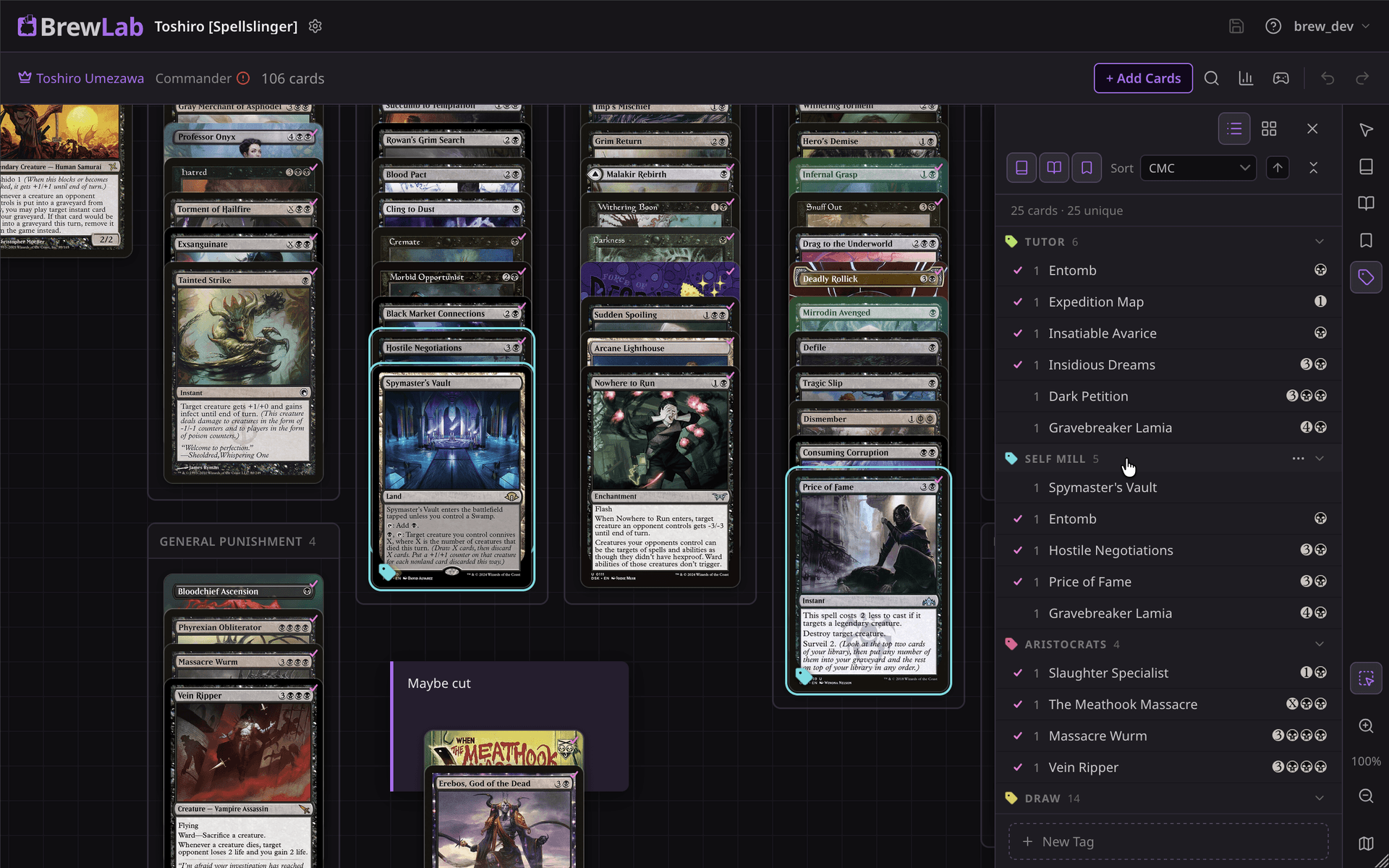 The BrewLab deck editor showing a Commander deck laid out in tagged piles, with every card tagged Self Mill highlighted across the piles